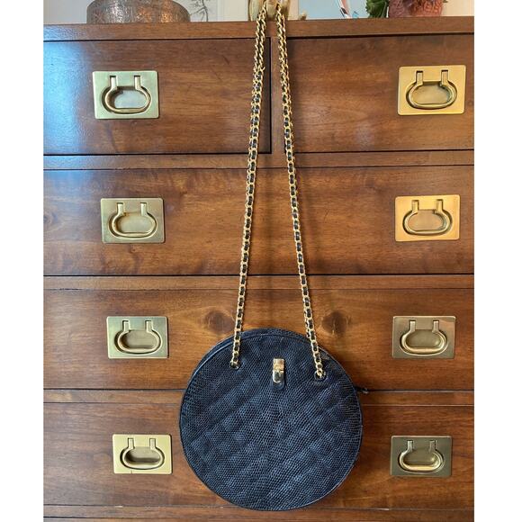 Lou-Rexx Vintage Quilted Snakeskin Round Chain Strap Handbag Black Loehmann's - Picture 1 of 14